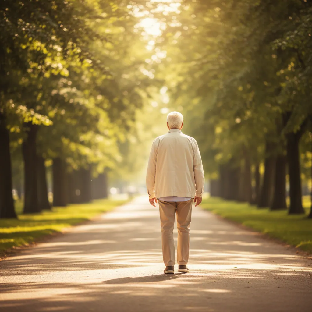 Anonieme man van achteren wandelend in een park